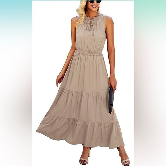 KIRUNDO Sleeveless Maxi Dress Solid Tie Neck Dress High Waist Ruffle Hem Small - Picture 1 of 5